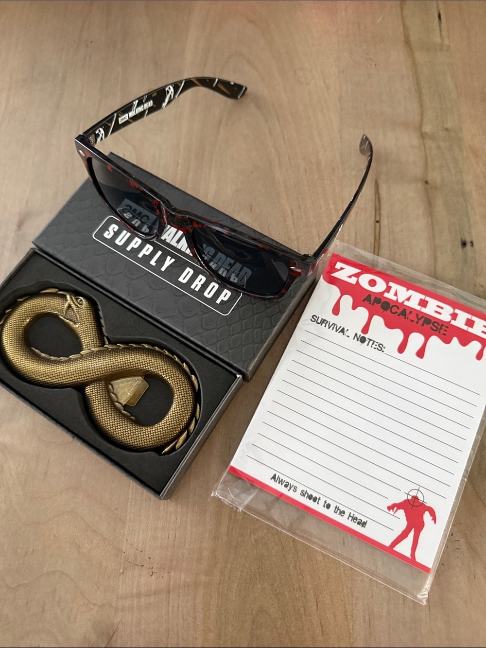 Supply Drop Snake Bottle Opener, Blood Splatter Sunglasses & Note Pad